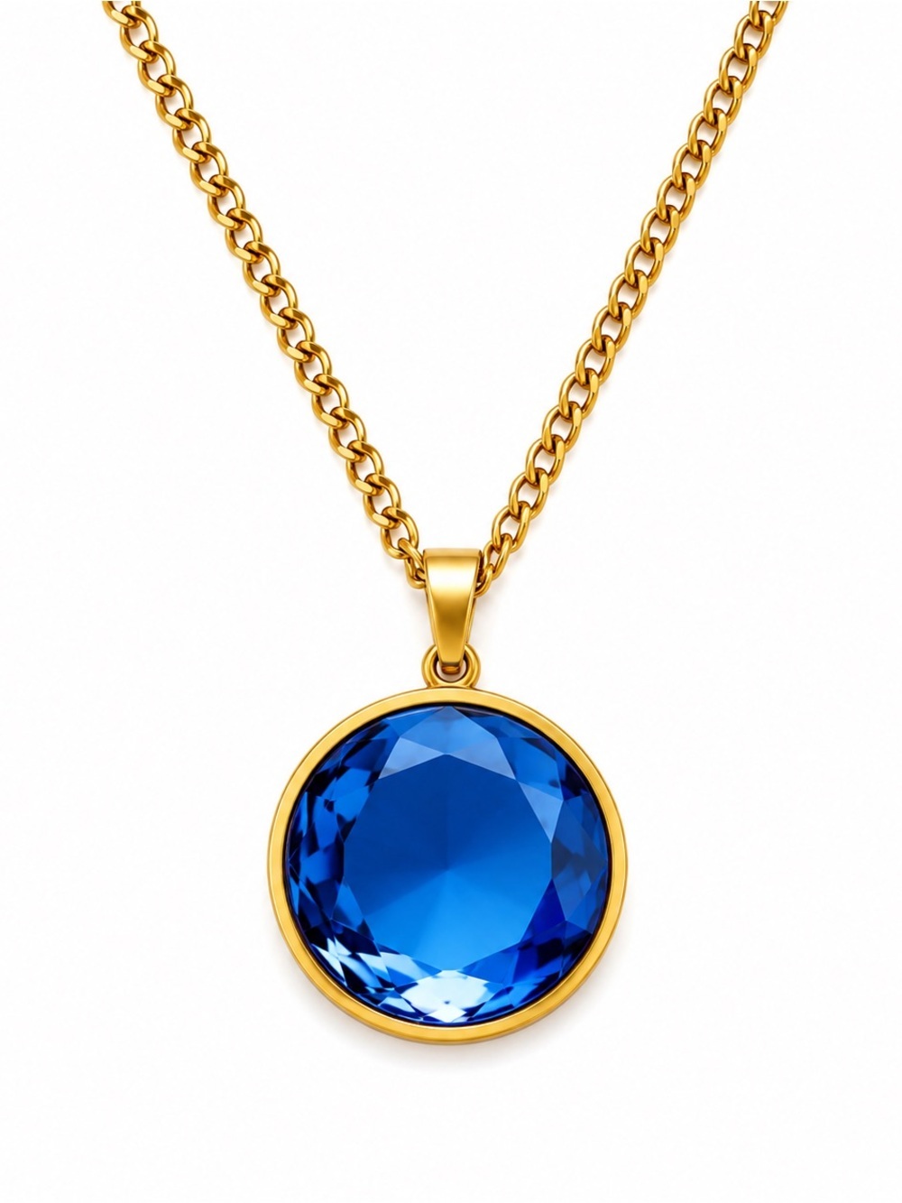 Gold Chain Necklace with Deep Blue Pendant - Women Jewelry